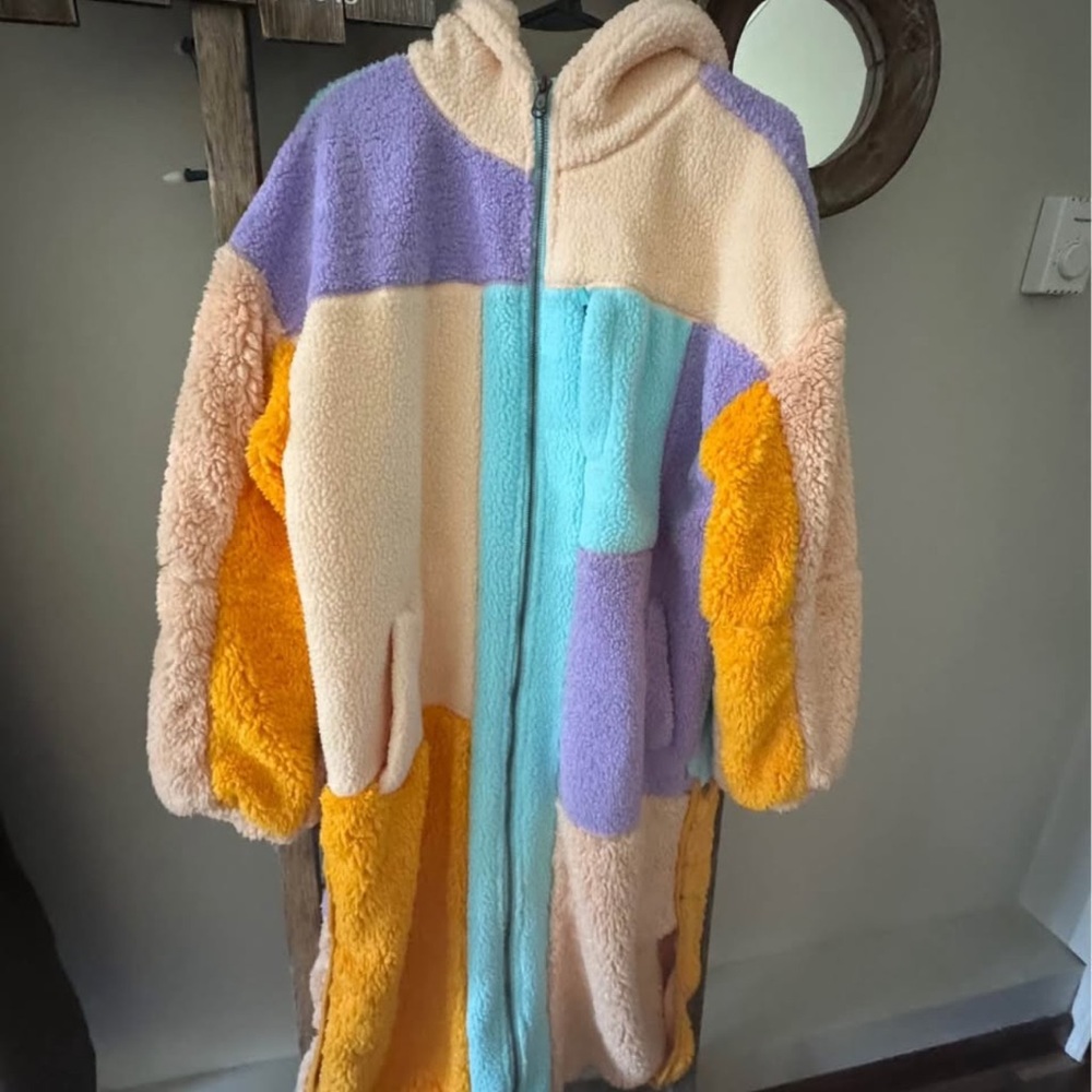 Free People Movement Long Coat Sherpa Fleece Colorblock Full Zip Hooded